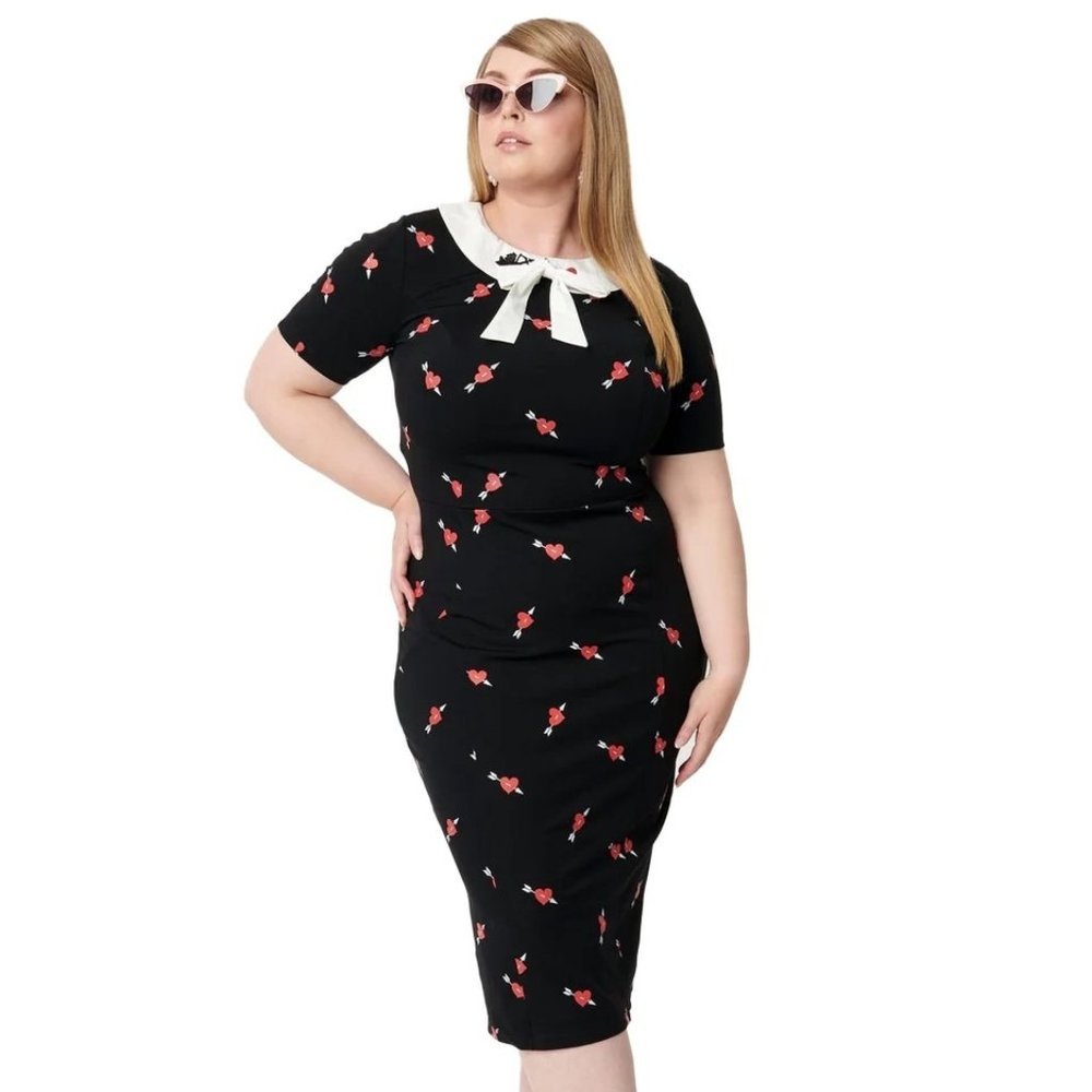 Unique Vintage Black & Pierced Heart Print Renata Pencil Dress